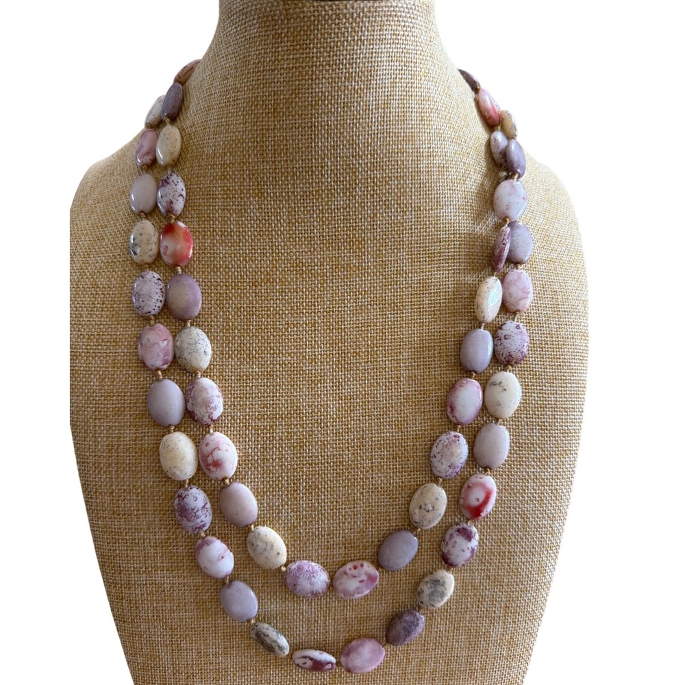 Vintage Hand Knotted Long Oval‎ Marbled Bead Necklace Lavender Pink Cream Layer